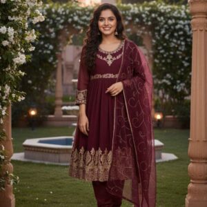 Maroon Embroidered Chiffon Maxi