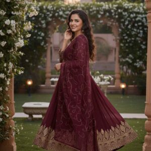Maroon Embroidered Chiffon Maxi