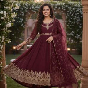 Maroon Embroidered Chiffon Maxi