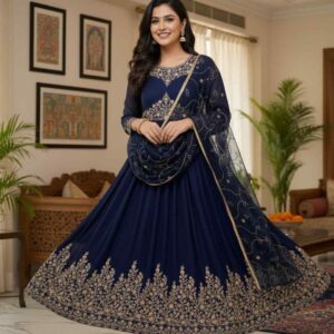 Navy Blue Embroidered Chiffon Maxi