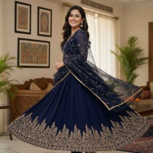 Navy Blue Embroidered Chiffon Maxi