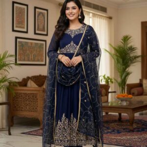 Navy Blue Embroidered Chiffon Maxi