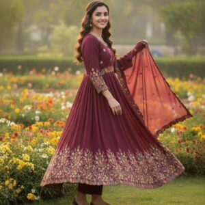 Wine Party Wear Embroidered Anarkali Maxi
