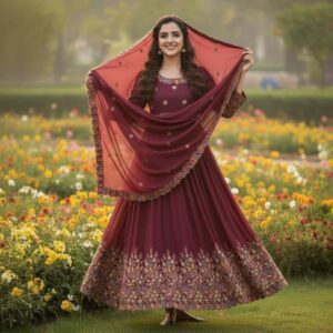 Wine Party Wear Embroidered Anarkali Maxi