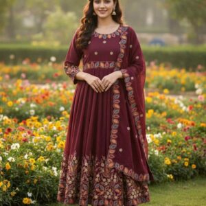 Wine Party Wear Embroidered Anarkali Maxi